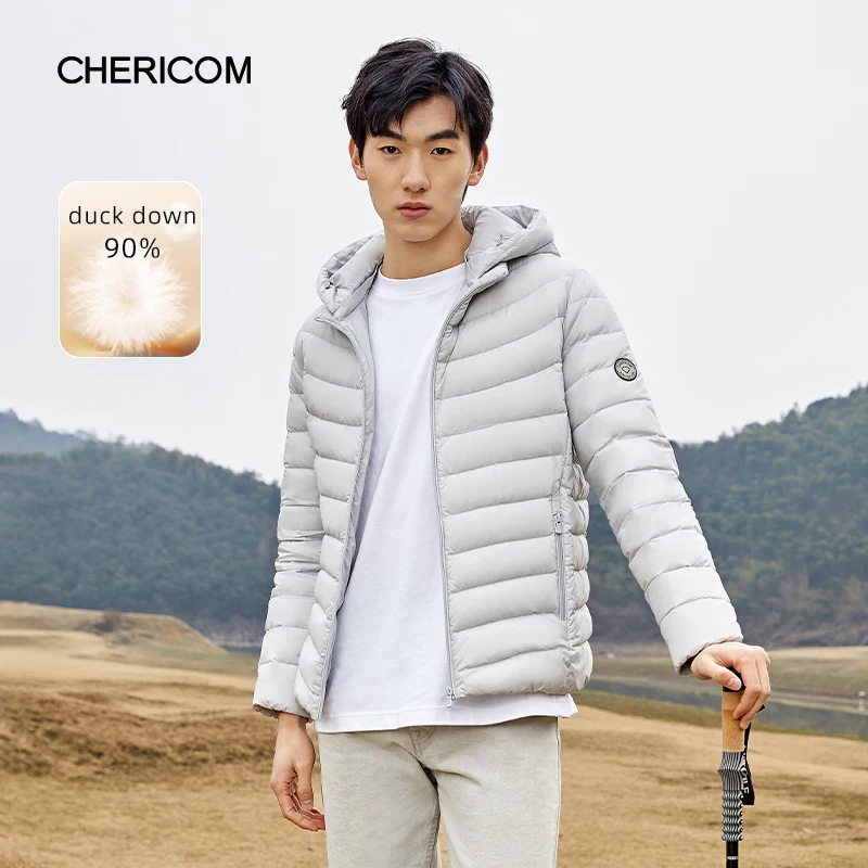 

Chericom Winter Men's Duck Down Lightweight Down Jacket Removable Hooded Solid Warm Padded Jacket Short Trend puffer Coat 289505