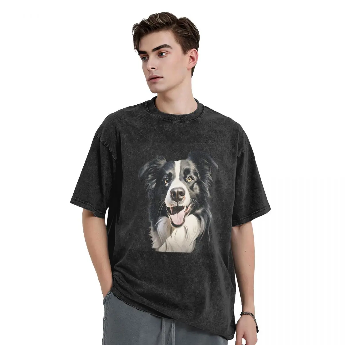 Border Collie Washed T Shirts Vintage Short Sleeve Hip Hop T-Shirt Streetwear Tops Tees for Men Women