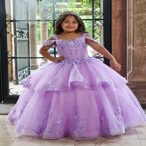Lilac Long Trail Flower Girl Kleid in Schicht 3d Blumener Außen Schulter Erster Kommunion Ball Ball Damas der personalisierten Ehre 8 Hauptverkaufskleid Lilas Madrinha - №4