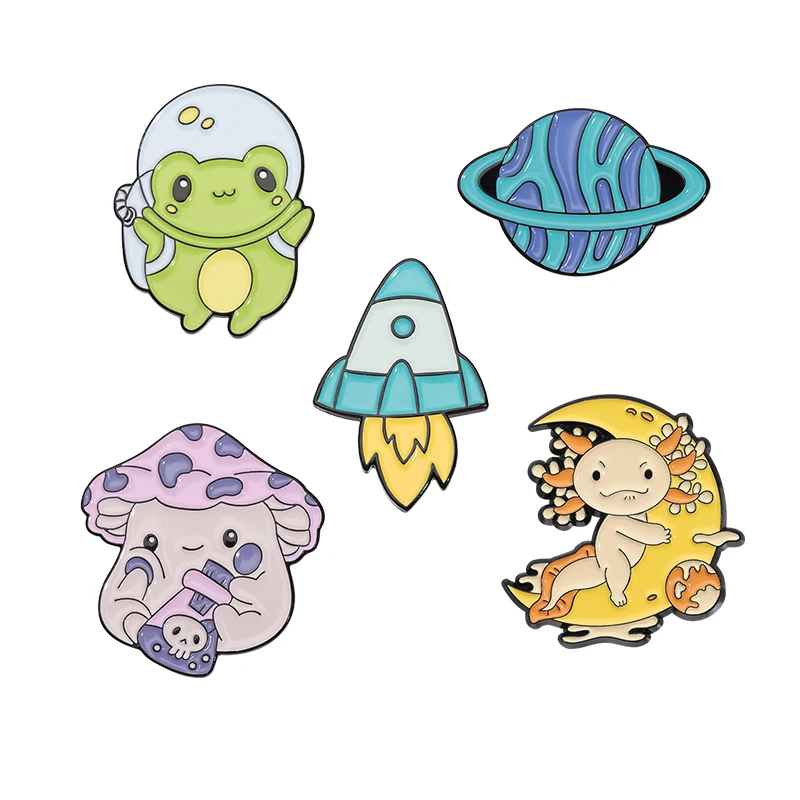 Cartoon Space Frog Rocket Brooch Enamel Pin Funny Cute Salamander Mushroom Brooches Lapel Coat Bag Accessory Badge Jewelry Gift