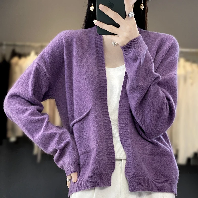 Spring Autumn New Women Fine Wool Blend Sweater V-neck No Buckle Knitted Cardigan Casual Loose Bottoming Coat Versatile Tops