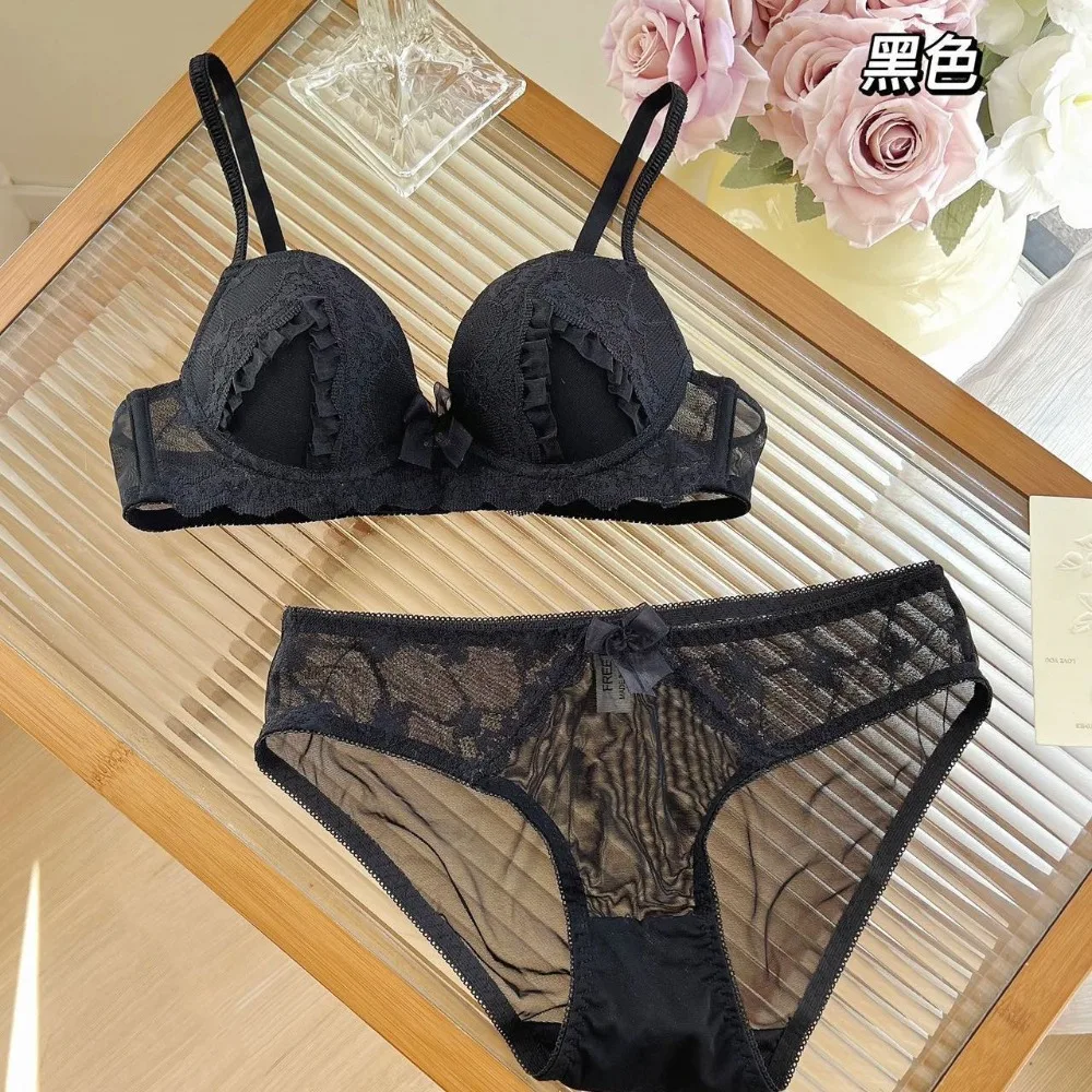 Lace Wireless Bra Set Sweet Women Summer Thin Cup Push Up Comfort Lingerie Support Non Steel Ring Bra And Panty Underwear 32-38