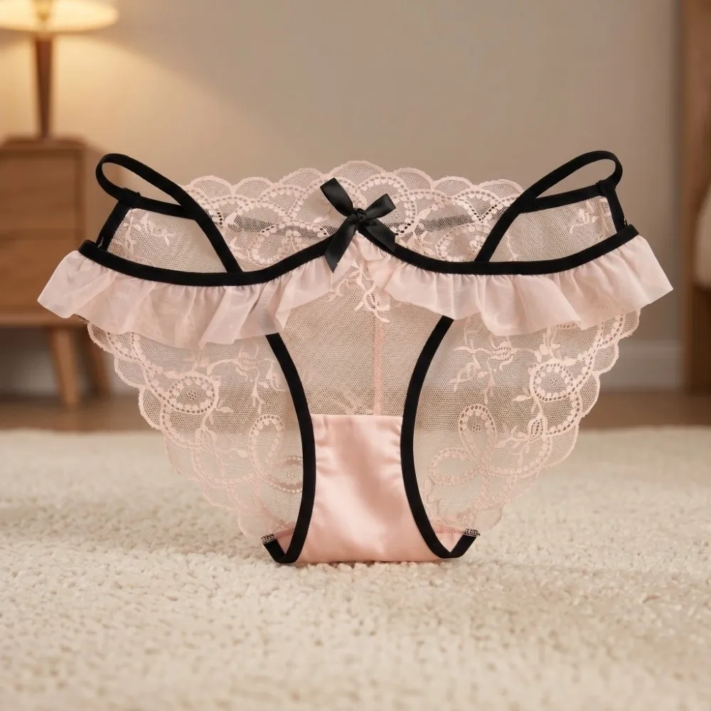 Mesh Ruffle Floral Bowknot Panties Lace Hollow Out Lace Flower Transparent Briefs Cotton Crotch Patchwork Female Lingerie Lady