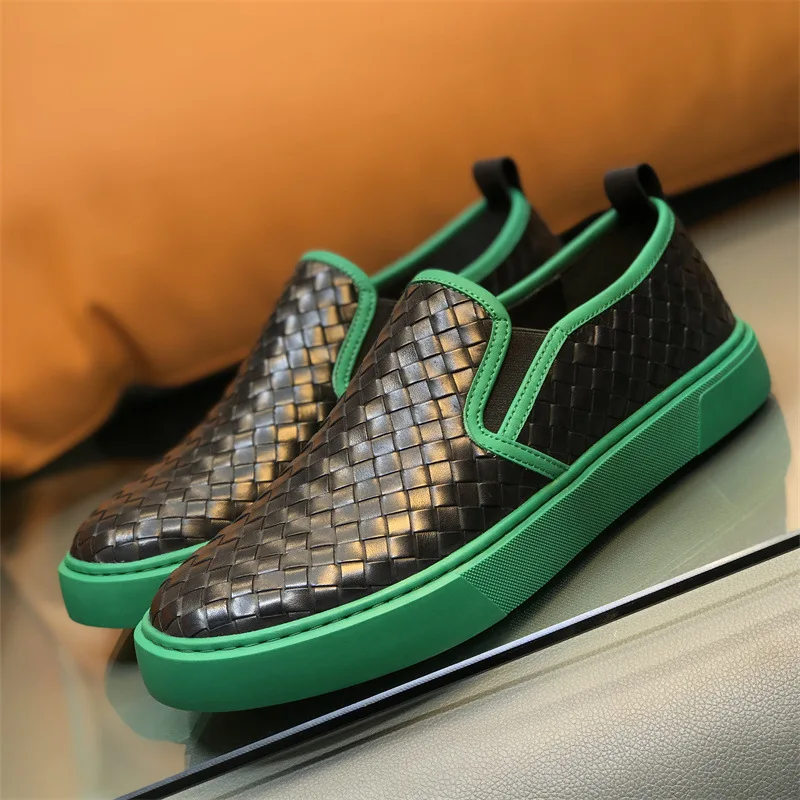 

Colorblock Woven Plaid Loafers Breathable Leather Casual Shoes One-Legged Trendy Comfortable and Fashionable Sneakers for Men