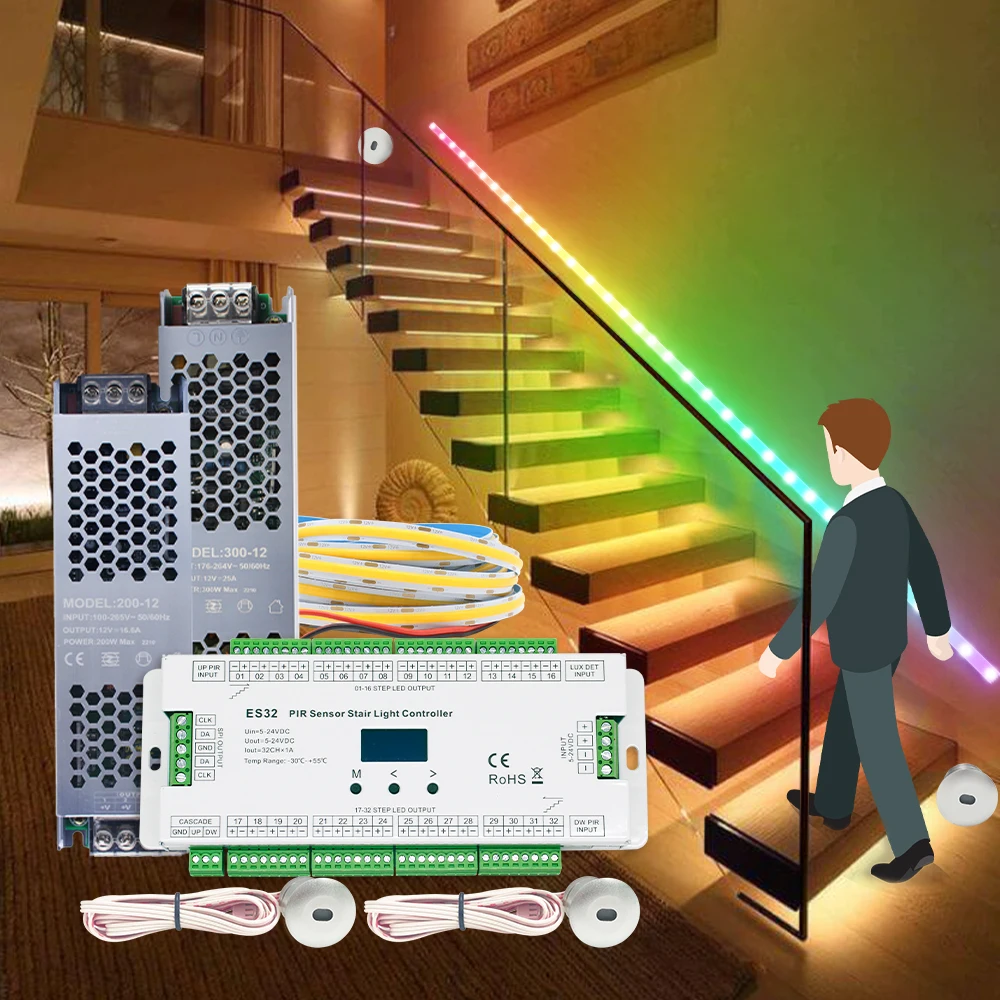 

PIR Motion Sensor Light Controller ES32 12V 24V Single Color RGB Pixel Flex 5M LED Strip Infrared Step Lamp Controler for Stairs