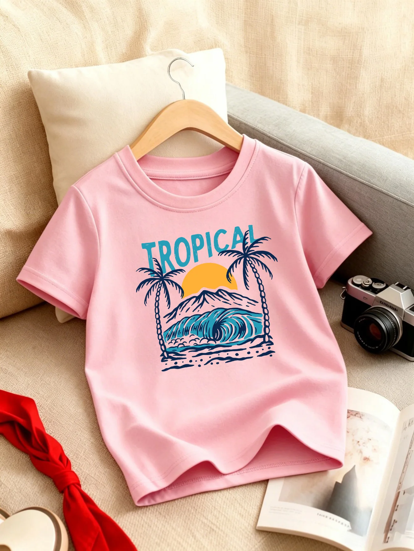 Tropical Beach Wave Palm Sunset Print Kids Tee Boys Girls Cotton Family Summer Soft Breathable Casual Unisex Kid Daily Wear Tops
