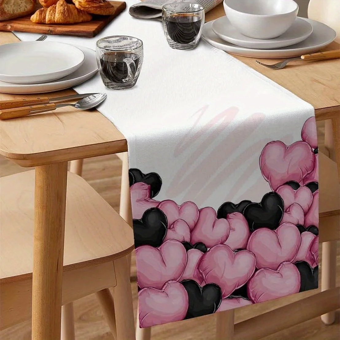 1 Piece of Pink and Black Heart Balloon Pattern Table Runner, Suitable for Farmhouse, Indoor, Kitchen, Celebrations, Table Decoration, Restaurant and Banquet Decoration Supplies