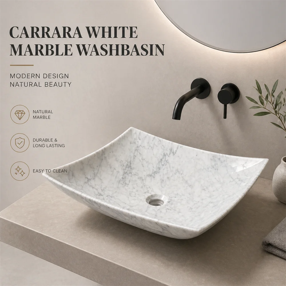 #￥Natural Stone Carrara White Marble Washbasin Sink Above Countertops, Vanity Tops for Bathroom Decor Modern Design