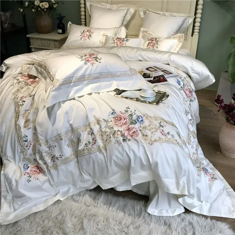 Egyptian Cotton Palace Bedding Set, Duvet Cover, Bed Sheet, Pillowcases, Luxury Flowers Embroidery, White, 100S, 4Pcs, 7Pcs