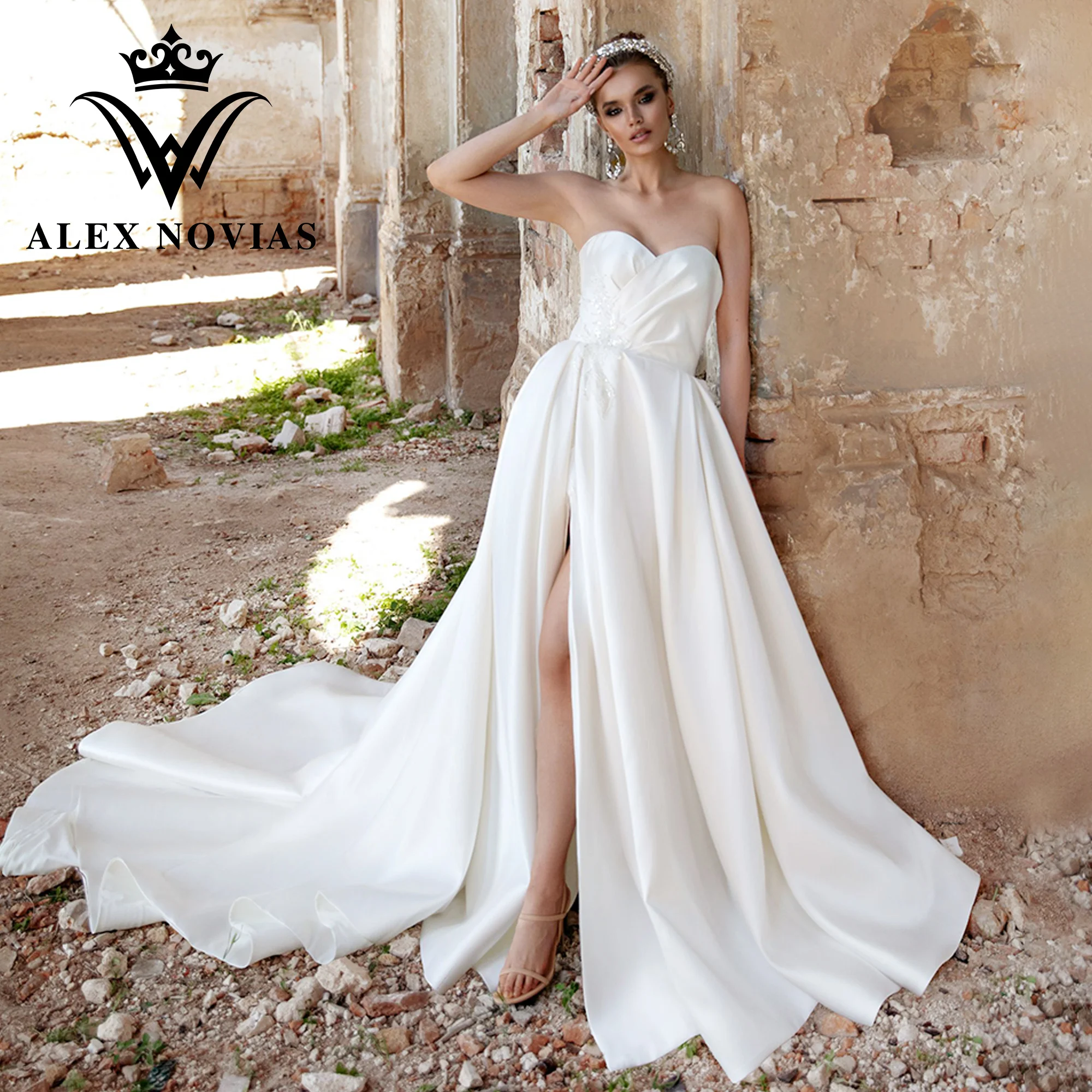 

ALEX NOVIAS Satin Wedding Dress 2023 Sweetheart Appliques Thigh Split With Folden A-Line Wedding Gown Vestidos Novias De Saten