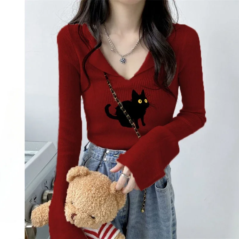 Deeptown Y2k Coquette Vintage Women Sweater Cat Korean Fashion V Neck Knitted Pullovers Harajuku Long Sleeve Slim Autumn Jumper