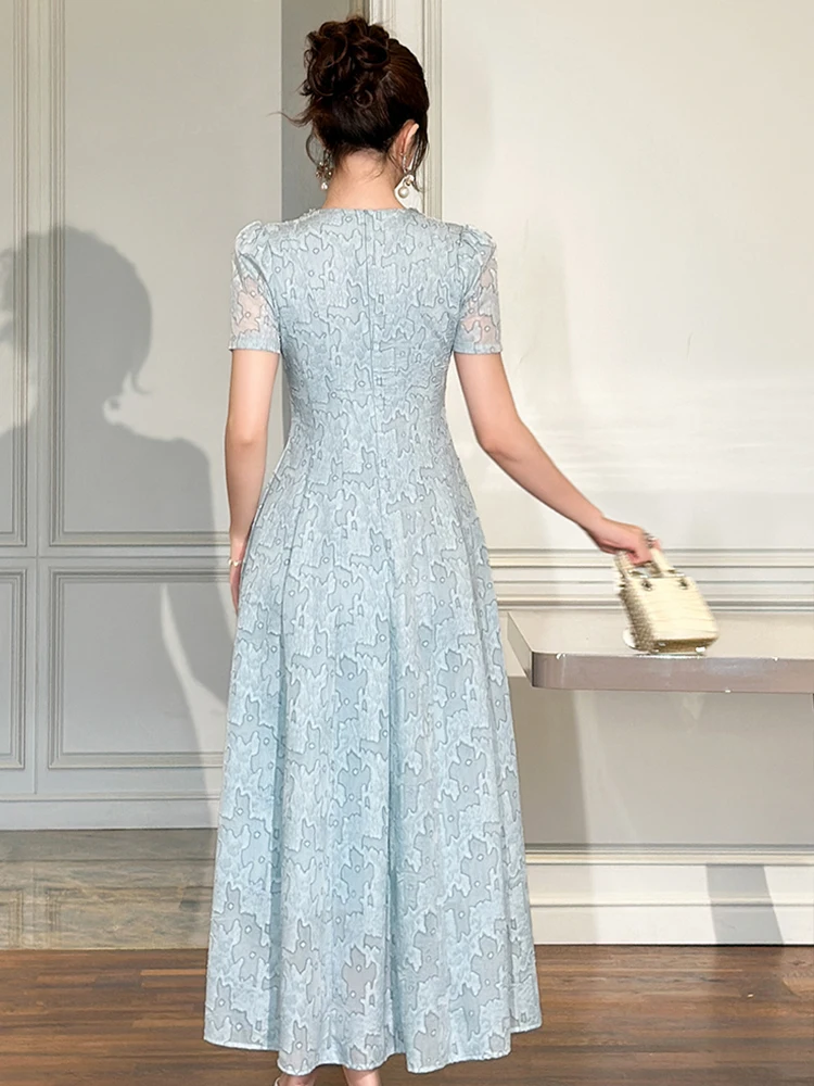 Women's Exquisite Elegant Party Dress Lady Pearl Flowers Trim Swing Long Robe Feminine Tea Party Vestido Prom Banquet Gown Femme