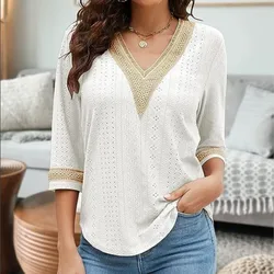 New Women's Lace Patchwork V-neck Casual Solid Color Shirt Female White 3/4 Sleeve Pullover Blouse Tops Femme Blusas Elegantes