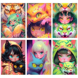 5D DIY Cartoon Diamond Painting Tiger Girl Full Resin Diamond Mosaic Embroidery Animal Cross Stitch Set Art Home Decoration Gift