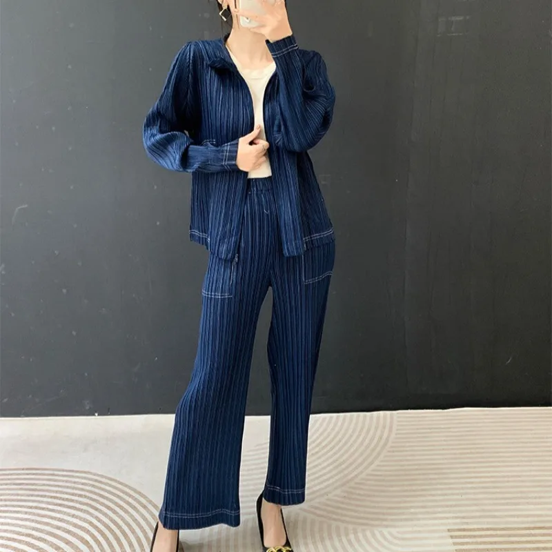 

Pleated Women's Hooded Top 2026 Spring New Fashion Peplum Cardigan Jacket Casual Stretch Straight Pants 2 Piece Set Wrinkle-Free