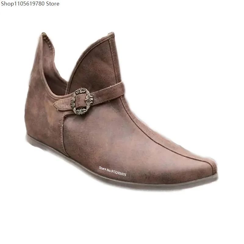 Renaissance Medieval Vintage Brown Buckle Leather Short Flat Footwear Men Viking Knight Prince Pirate Cosplay Costume Accessory 2