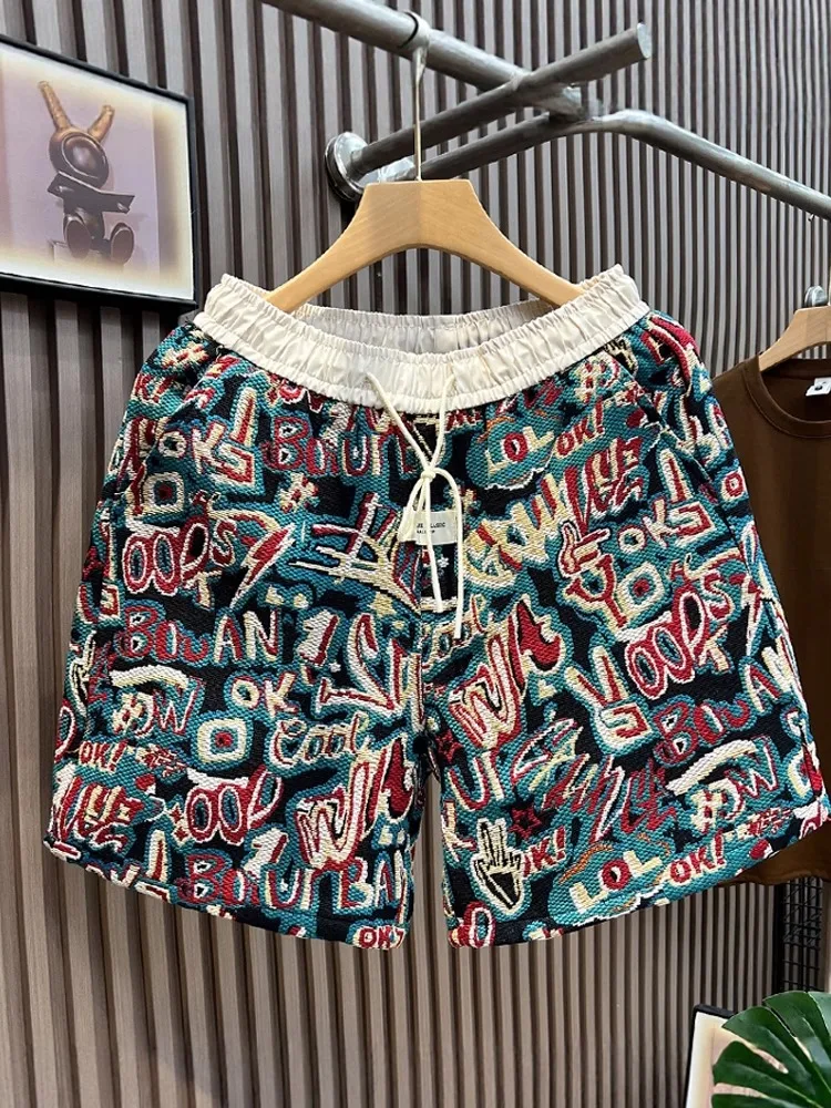 Summer New Men's Faion fiti Letter Woven ort Pants Loose Five-Point Beachwear Casual Straight Leg Trousers