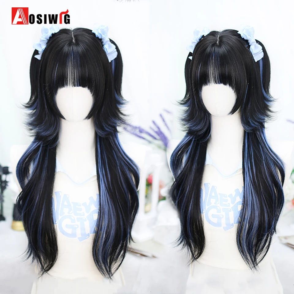 AOSI-Peluca de pelo largo de fibra resistente al calor para mujer, postizo de pelo rizado de Lolita sintético, color negro, azul, Cosplay