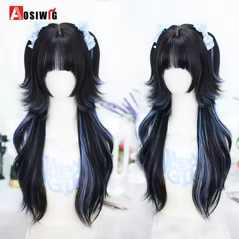 AOSI Synthetic Lolita Long Anime Curly Wigs Hair Black Pick Blue Cosplay Wig Heat-Resisting Fiber Hair Wigs For Women