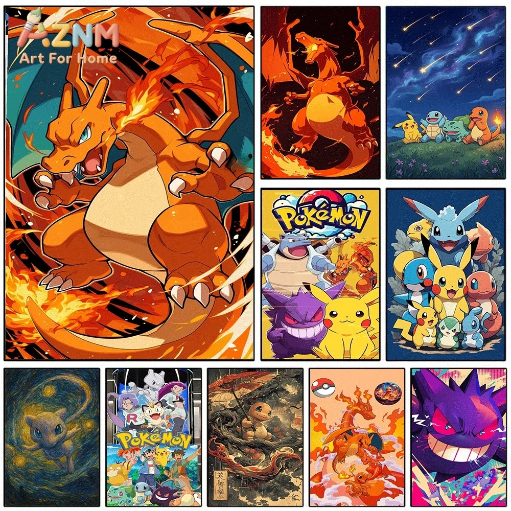 Anime Pokemon Charizard Fire‑type Canvas Wall Art, Fiery Flying Pocket Monster Cartoon Frameless Canvas Painting for Kids Bedr