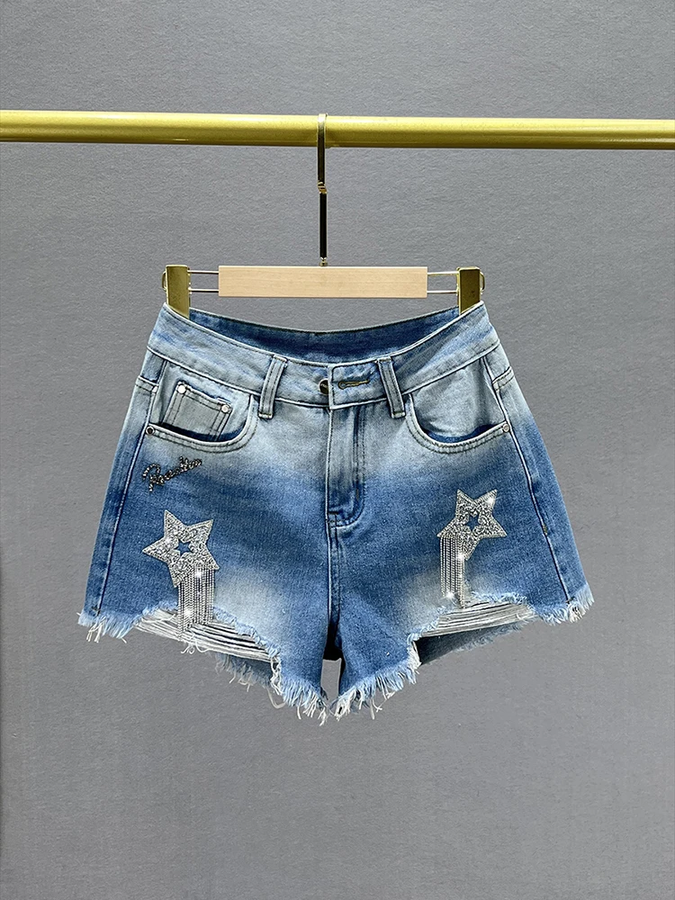 Gradient Color Rhinestone Denim Shorts Women's 2024 Summer New All-Matching Slimming Raw Hem Wide Legs Booty Shorts Female