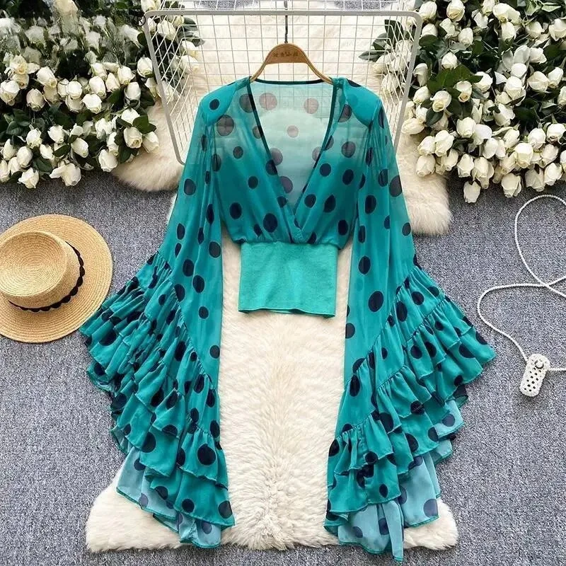 

Осенняя новая повседневная женская рубашка, весенняя одежда с v-образным вырезом и расклешенными рукавами в горошек, лоскутная одежда со сборкой на талии, женские топы