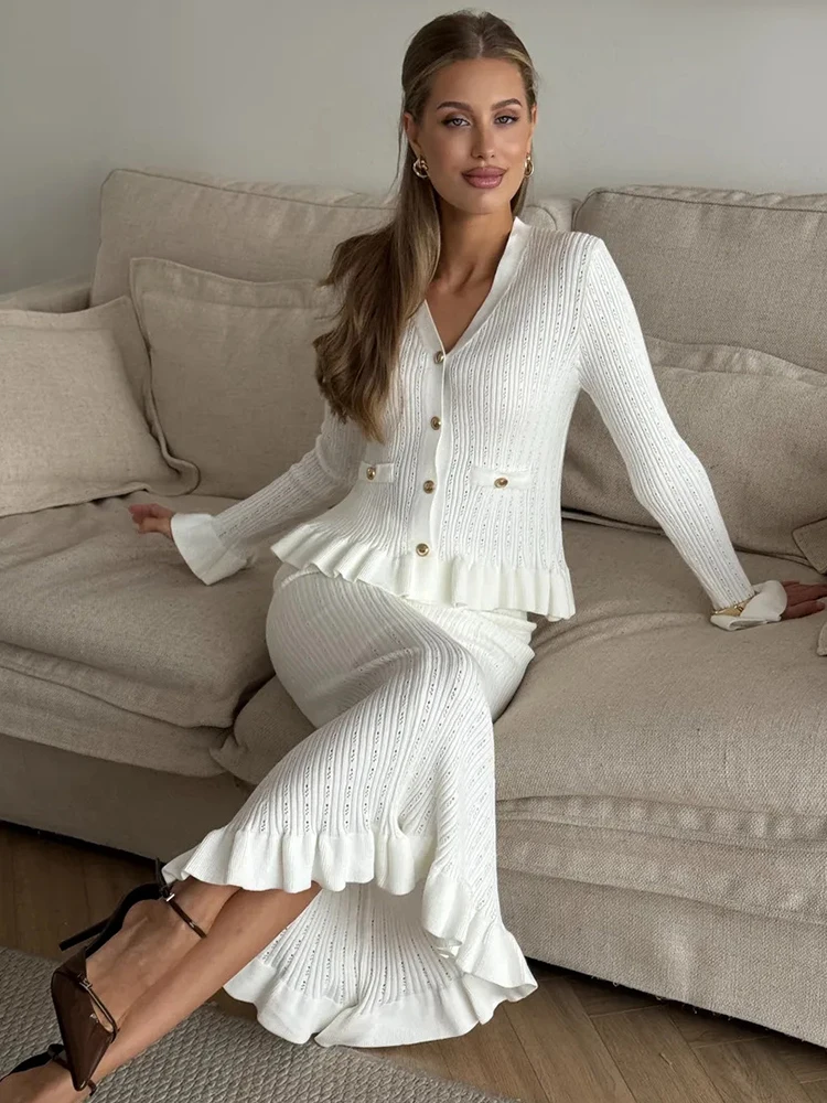 Elegant Women's Knit Dress Set with Ruffled Cardigan & Skirt