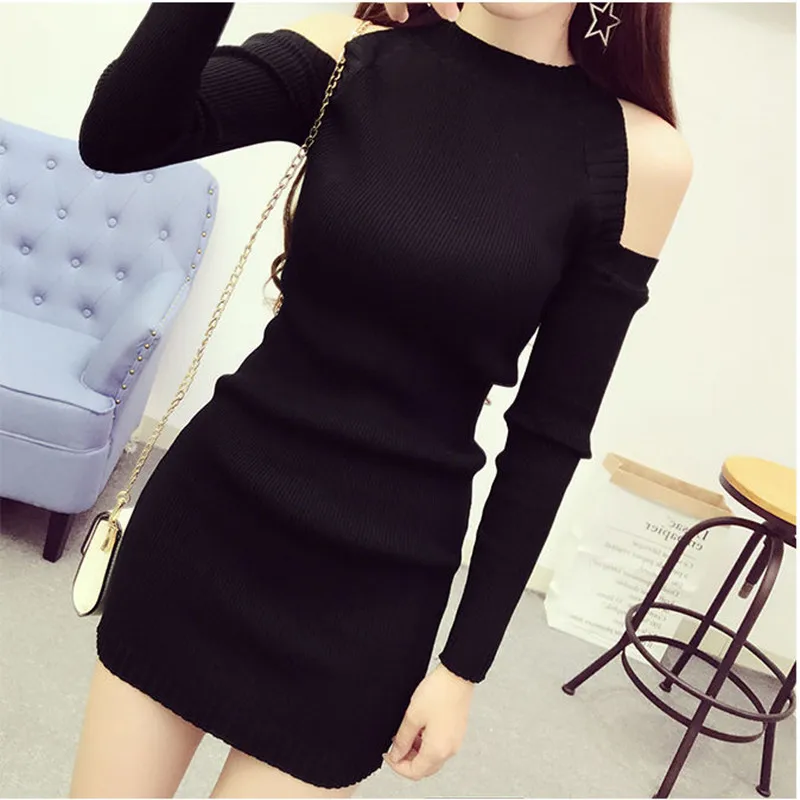 

Spring Autumn Hollowed-out Off-the-shoulder Knit Dress 2022 Women Sexy Package Hip Skirt Female Slim Sweater Dress Mini Ladies