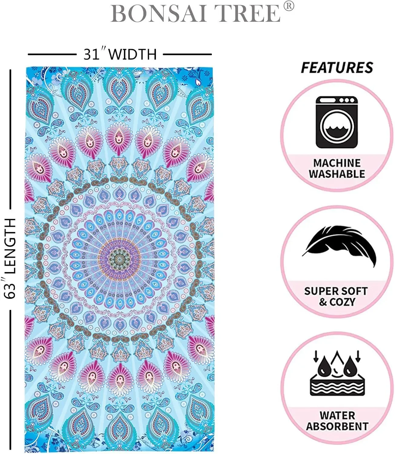 Large Boho Mandala Beach Towel Summer Picnic Blanket Blue Floral Print Polyester Pool Resort Decorative Quick Dry Bath Towel