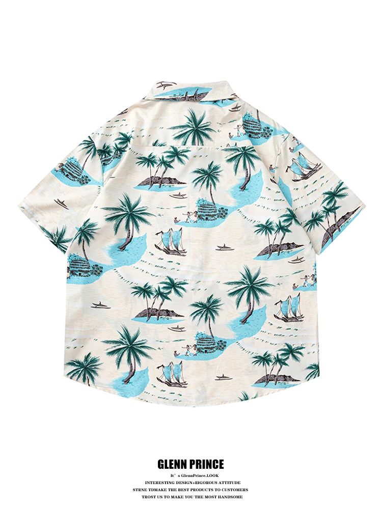 GPstudio Japanese Style Coconut Tree Print Short Sleeve Men's Shirt Summer Travel Beach Half Sleeve Shirt Loose Fit Youth Fas...