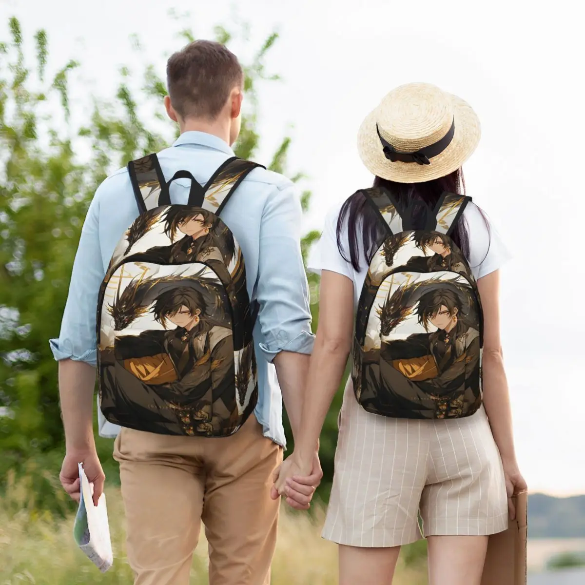 حقيبة ظهر Genshin Impact Zhongli الكلاسيكية مع جيب مدرسة الأعمال أنيمي لعبة الكرتون Daypack الرجال النساء حقائب الكمبيوتر المحمول من القماش