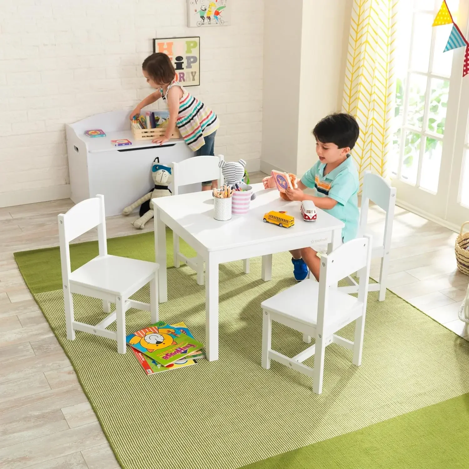 Wooden Farmhouse Table & 4 Chairs Set, Children's Furniture for Arts & Activity - White