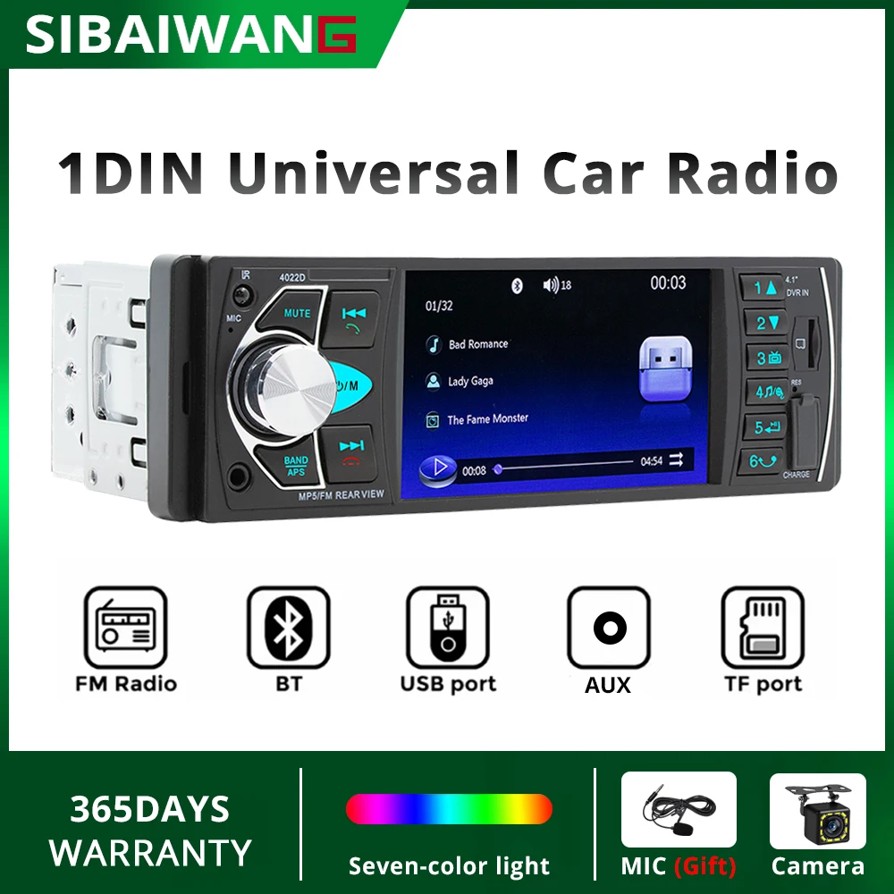 

1Din Car Radio 4.1 Inch IPS Screen MP5 Stereo Player Support Bluetooth FM Receiver Reverse camera SWC MIC USB TF AUX 12V 45W*4