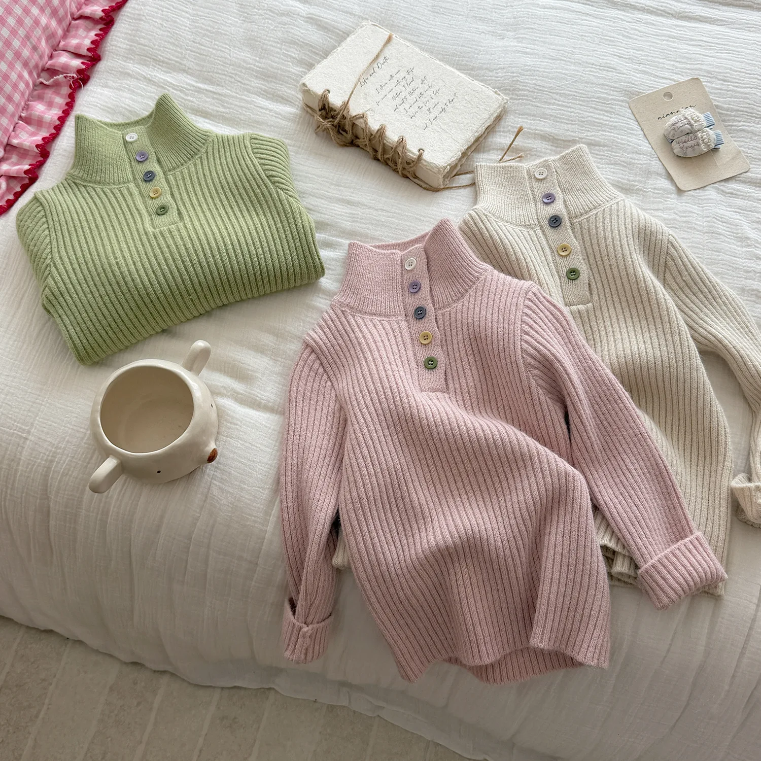 Girls High Neck Sweater 2026 Autumn and Winter New Item Soft and Skin Friendly Color Buckle and Pit Stripe Knitted Pullover Top