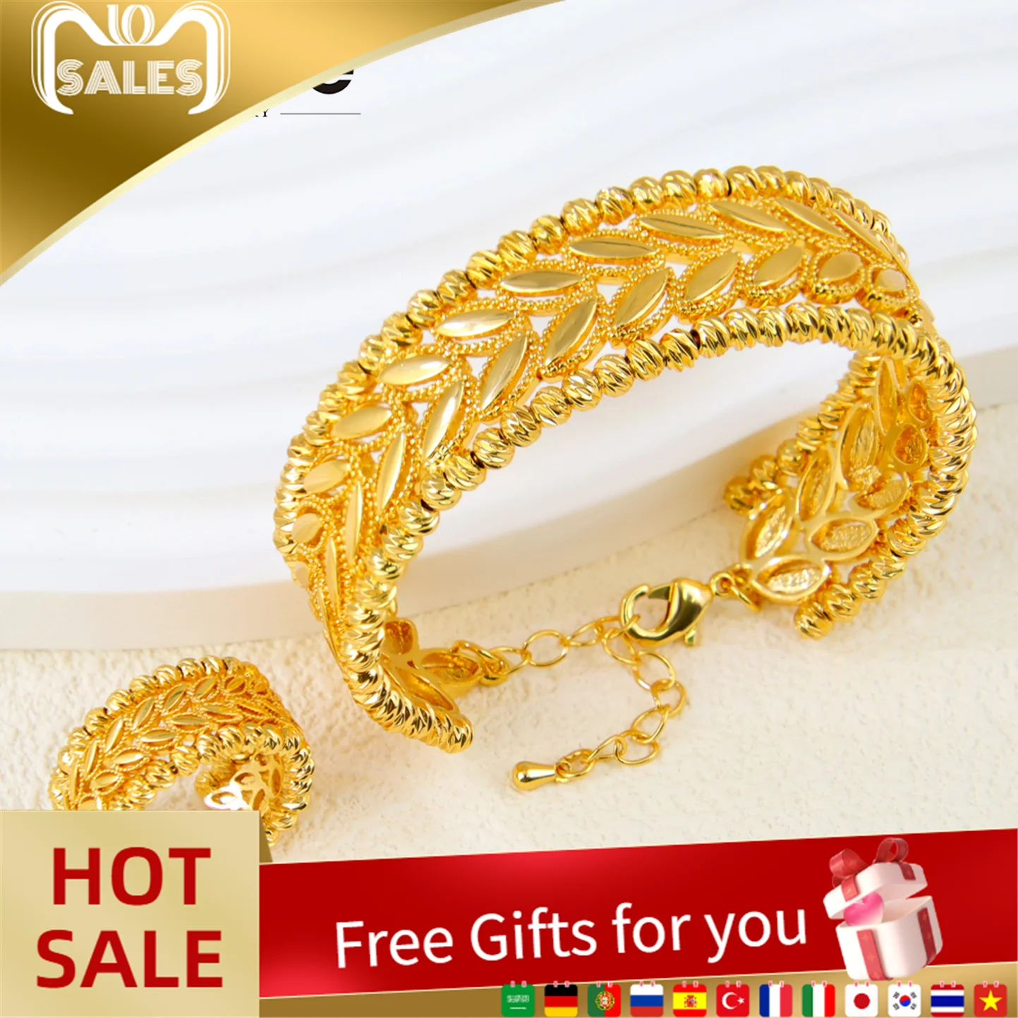 

Nigeria Wedding Jewelry Set 24k Gold Plated Luxury Twist Gold Color Bracelet Ring Set Arab Dubai Women Engagement Party Jewelrys