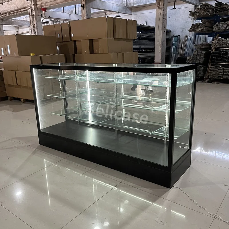 (customized)70 inch Wide Glass Display Adjustable Glass Shelves LED Light Smoke Store Showcase