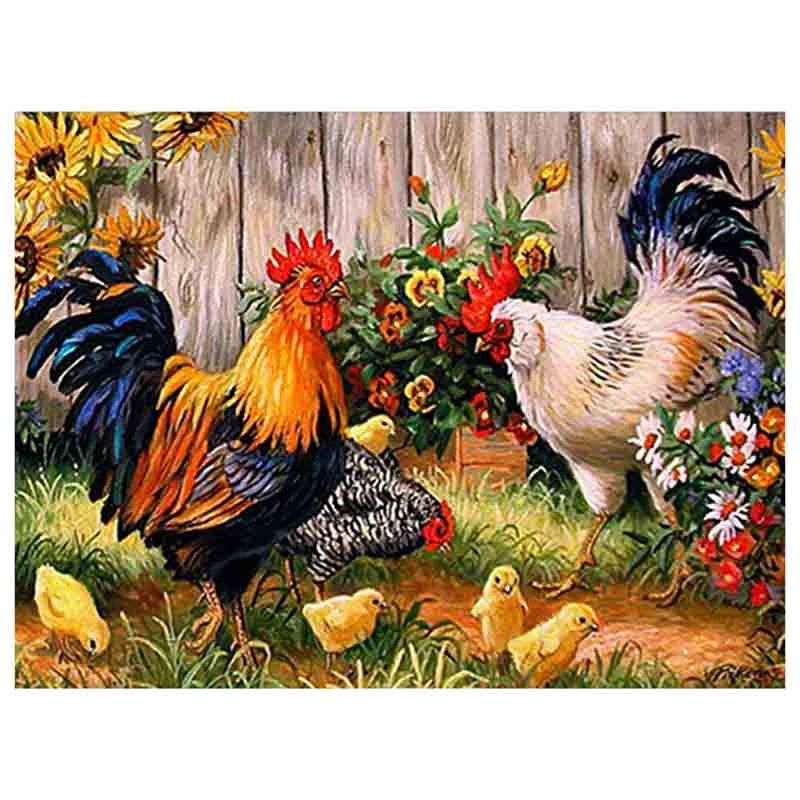 DIY 5D Diamond Painting By Number Kit, Full Drill Rooster Hen Chicks Embroidery Cross Stitch Arts Craft Canvas Wall Decor