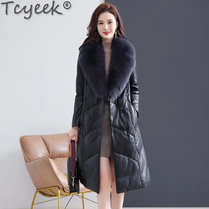 

Tcyeek Slim Sheepskin Coat Woman Winter Warm Real Fox Fur Collar Coats Fashion Genuine Leather Down Jacket Women Clothes 2023