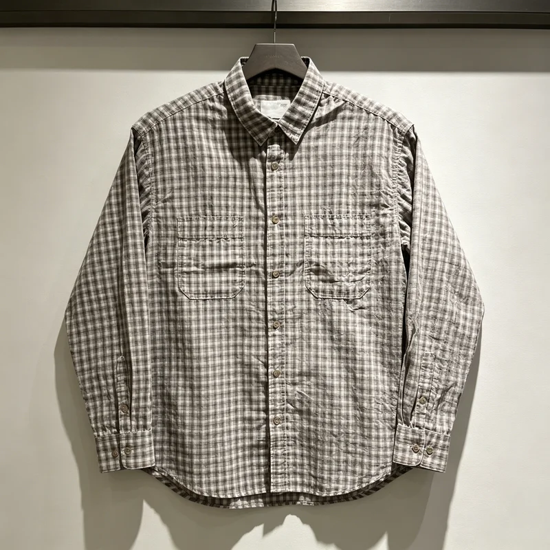 Long Sleeve Plaid Madness MDNS V-shape Shirt Japan Men Women High Quality Loose Beige Gray Office Shirt Blouse Patch Label