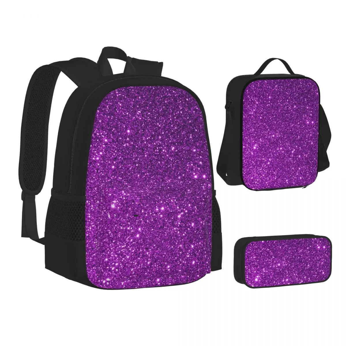 

Purple Sparkly Glitter Backpacks Students Bookbag School Bags Children Rucksack Lunch Bag Pen Bag Three-Piece Set