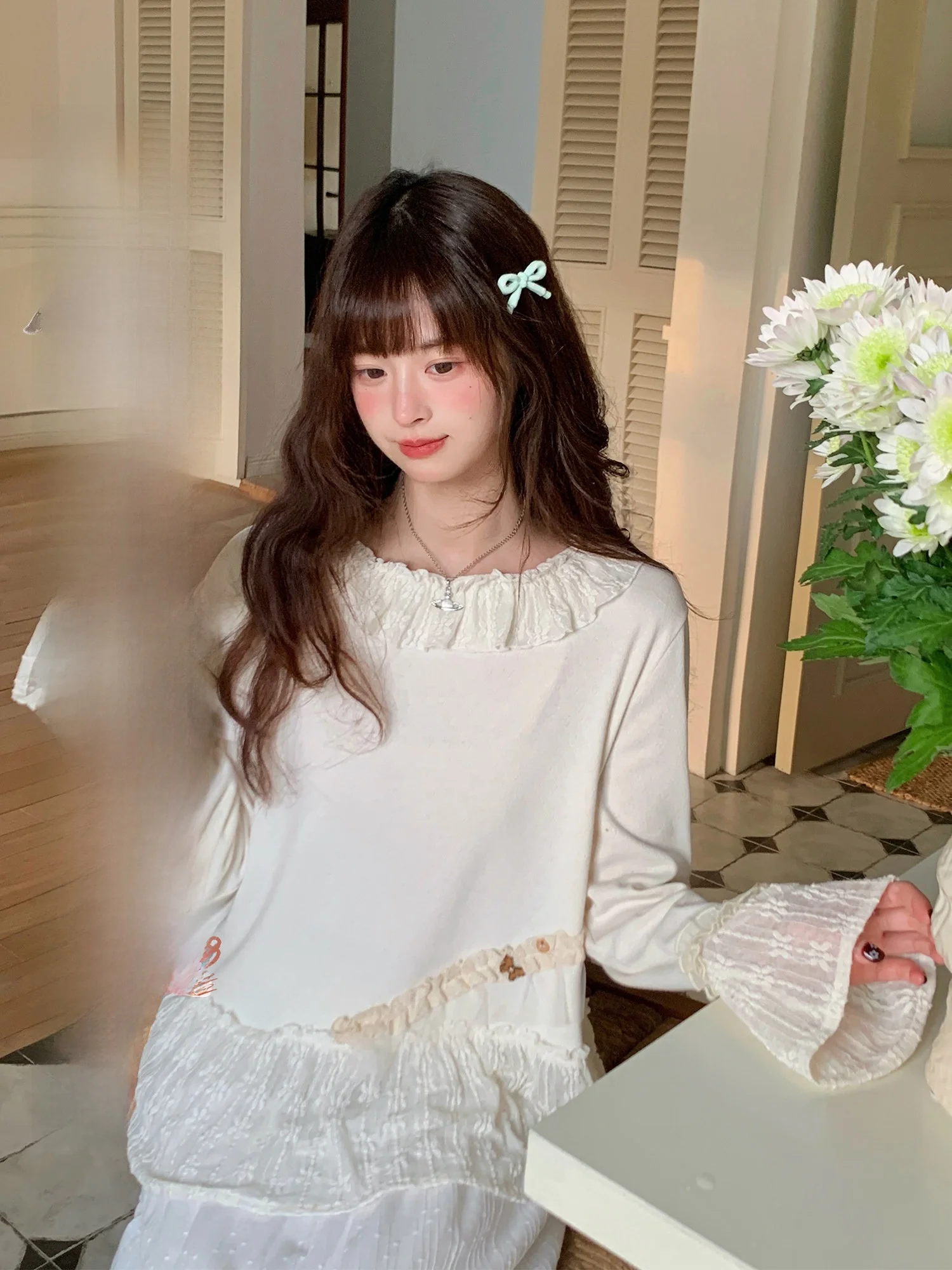 

Футболка BibiBency Sweet Sle Long Sve с кружевными вставками, свободного кроя, женская базовая футболка, удобная посадка, круглый вырез