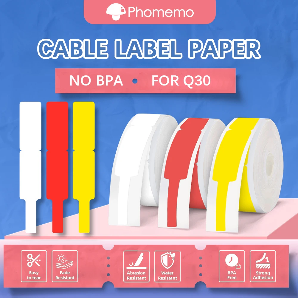 Phomemo Q30 Mini Printer Cable Label Sticker Waterproof Adhesive Thermal Paper Label Tape for Q30/D30S Label Maker