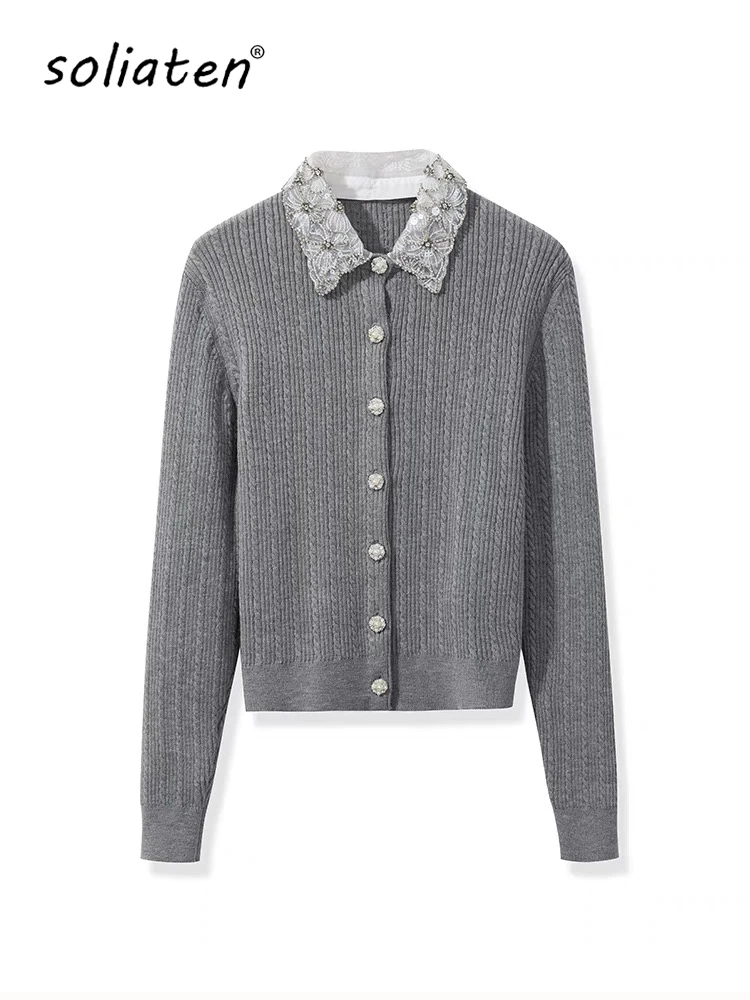 נשים רווקות רווקות סרוג סוודר סרוג רזה חרוזים להפוך את צווארון שרוול ארוך מזדמנים נשי באביב 2025 חדש C-158 קרדיגן