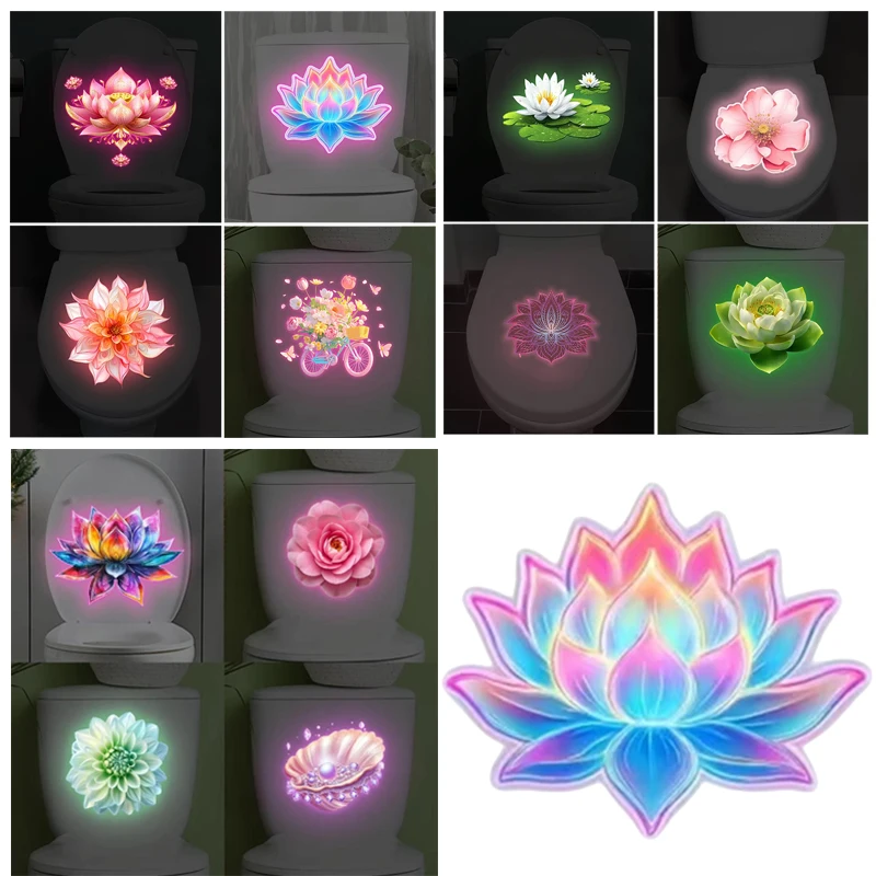 Glow In The Dark Lotus Toilet Sticker Flower Self-Adhesive Removable Night Decal WC Wall Stickers Bathroom Decoration Mural