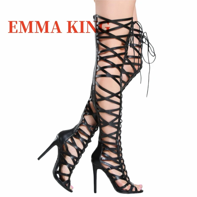 2025 عبر تعادل فوق الركبة صنادل طراز جلاديتور طويلة للنساء أحذية الصيف المفتوحة تو انقطاع مثير عالية الكعب أحذية صناديل للنساء