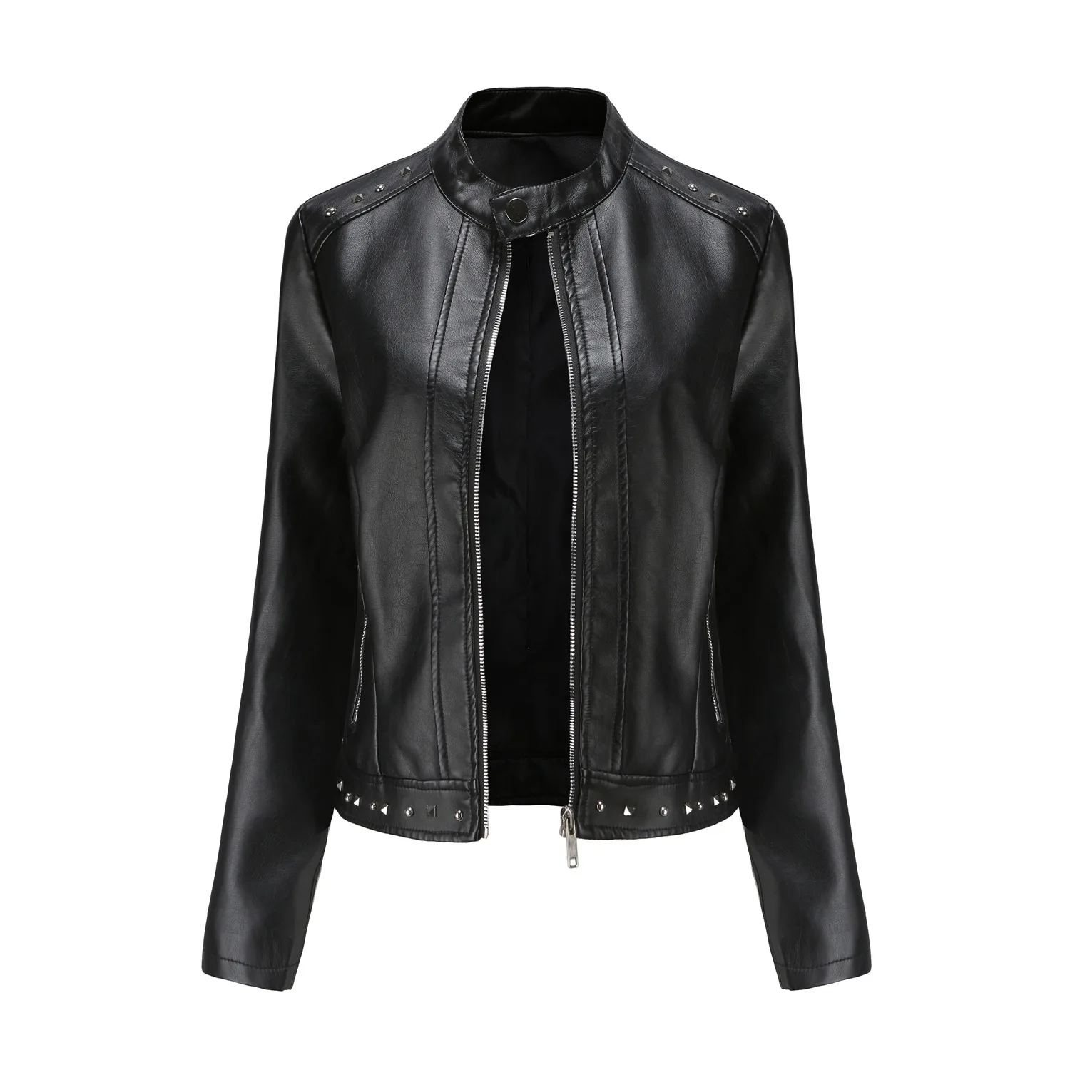 New Spring Autumn Women's Rivet Fashion Stand-Up Collar Solid Color Casual Leather Jacket
