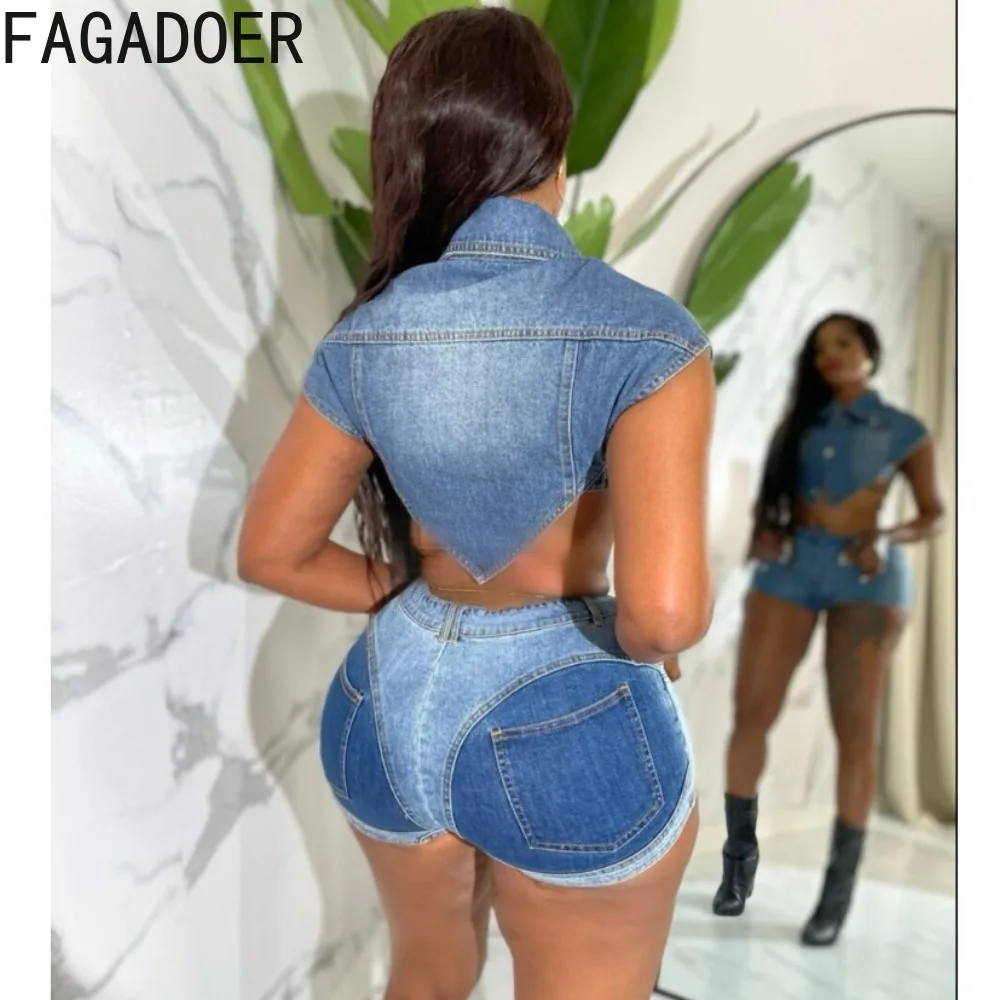 Imagem -02 - Fagadoer-conjunto de Duas Peças Jeans Azul para Mulheres Top e Shorts de Manga Curta Gola Irregular Streetwear Moda