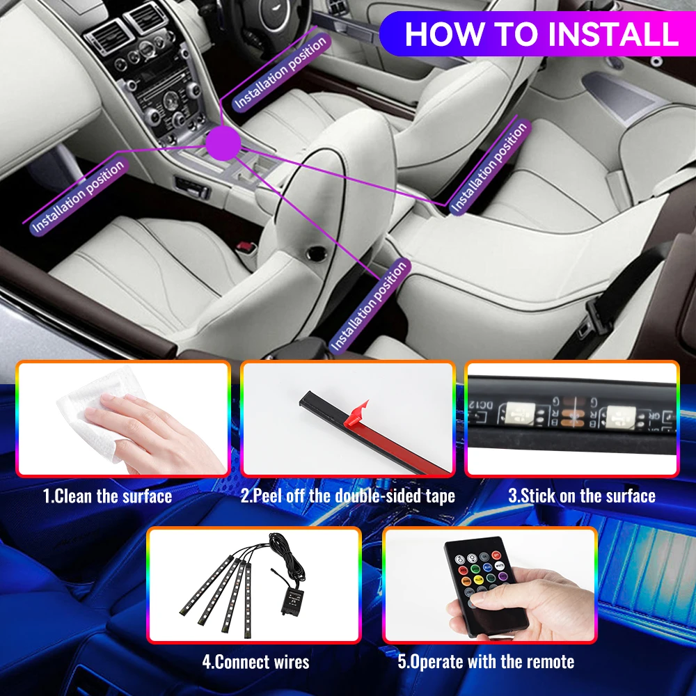 Neon LED Car Interior Ambient Foot Light with USB Wireless Remote Music APP Control Auto RGB 48 72 Atmosphere Decorative Lamp image 3