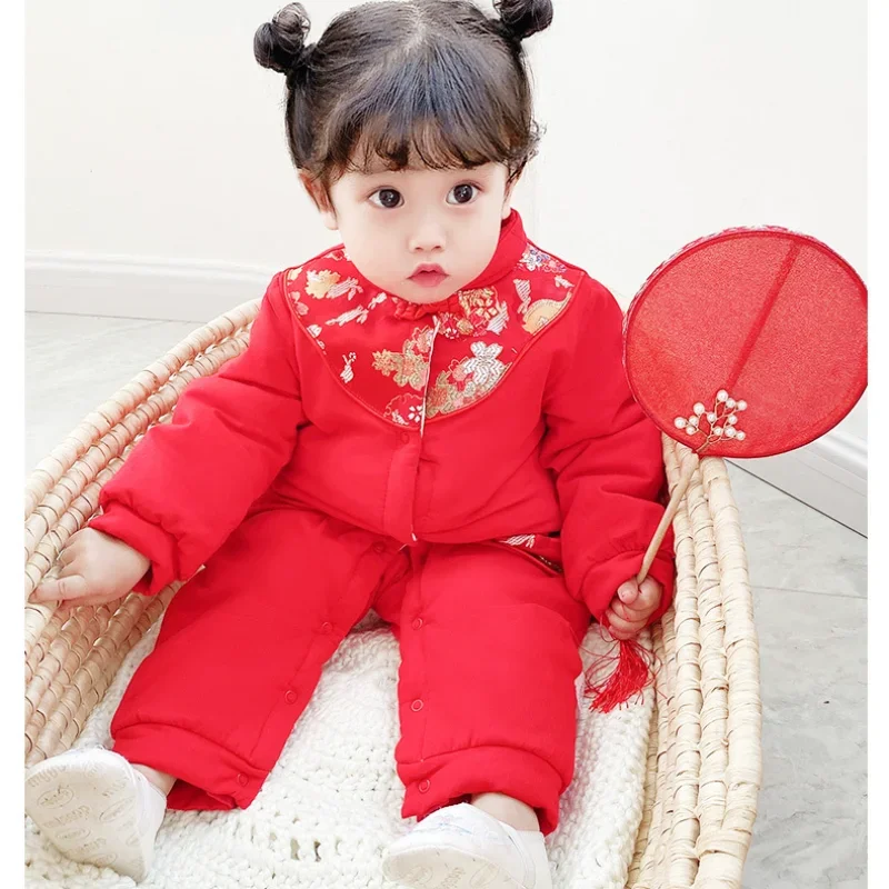 Vêtements traditionnels chinois en pur coton pour bébé fille, barboteuse rouge Kawaii, tenue brodée Hanfu Tang imbibée, tenue de nouvel an, 2 couleurs