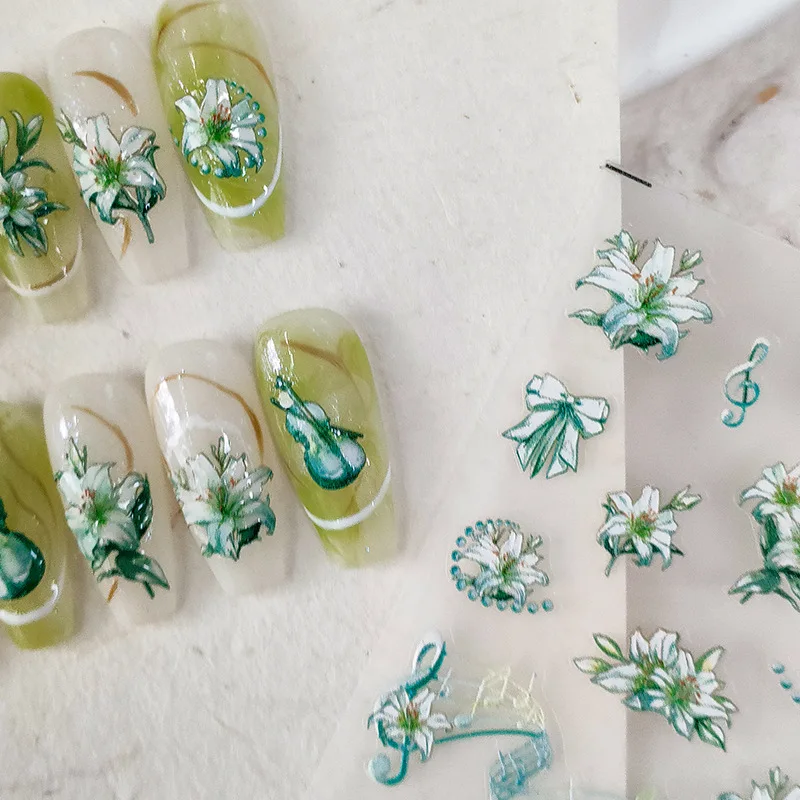 

Spring Green Lily Music Violin Note 5D Soft Embossed Relief Self Adhesive Nail Art Sticker Blooming Flower 3D Manicure DIY Decal